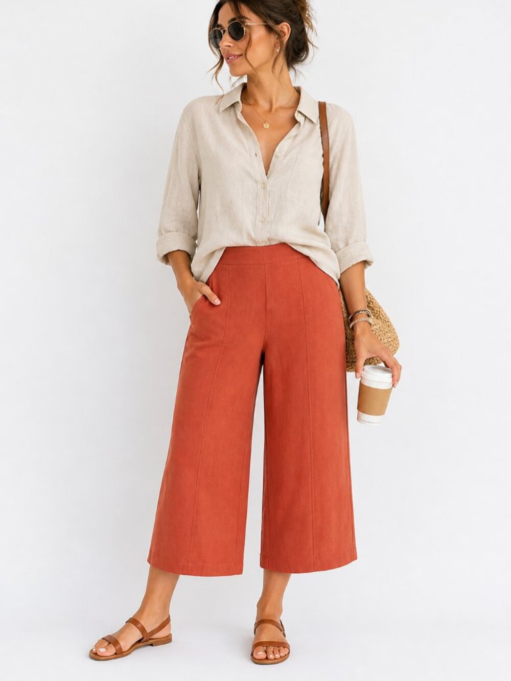 Rust Cropped Wide Leg Pants Elastic Waist Linen Blend Size M NWT